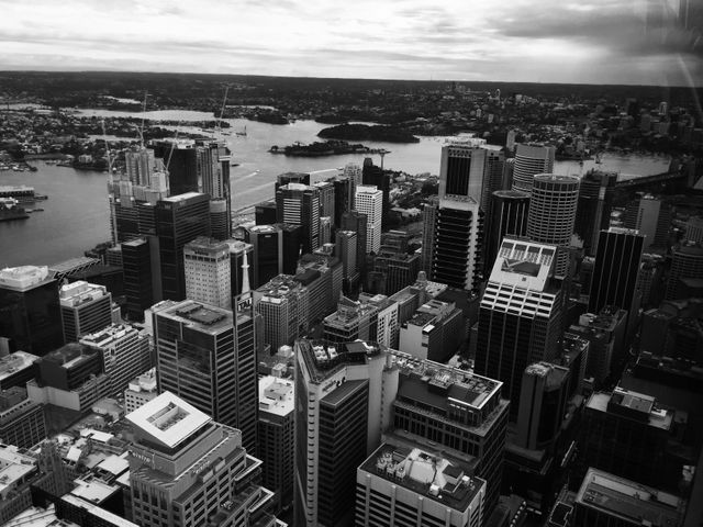 Aerial view showcasing a sprawling modern cityscape with numerous skyscrapers under an overcast sky. The image is captured in black and white, highlighting the contrast between the structures and the natural surroundings. Ideal for articles on urban development, real estate, architectural studies, and city planning. It can also be used in marketing materials, travel blogs, and as a background image for websites.
