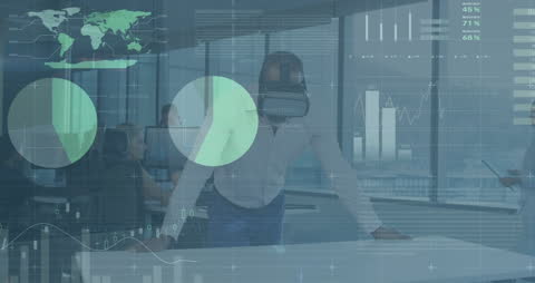Businessman Using VR Headset with Digital Data Overlay in Modern Office