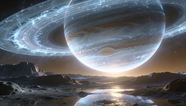 Ringed gas giant looming over frozen alien plain with reflective pools and twilight glow