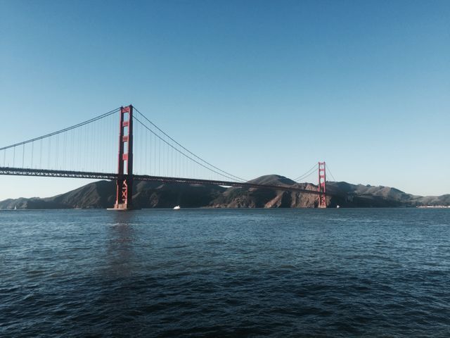 This iconic view of the Golden Gate Bridge beneath a clear blue sky is perfect for travel brochures, educational materials about San Francisco's landmarks, or promotional content for engineering and architectural services. Scenic and serene, this image can also enhance websites needing a splash of urban beauty.