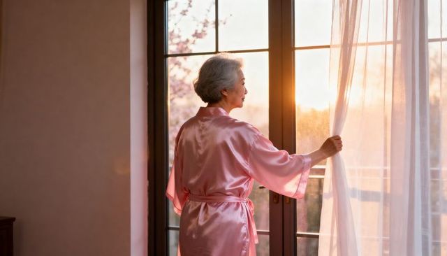 Senior asian woman standing at balcony door in pink robe watching sunrise and morning reflection