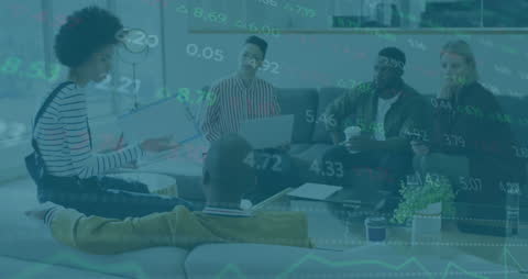 Overlay of Financial Data on Diverse Team Meeting