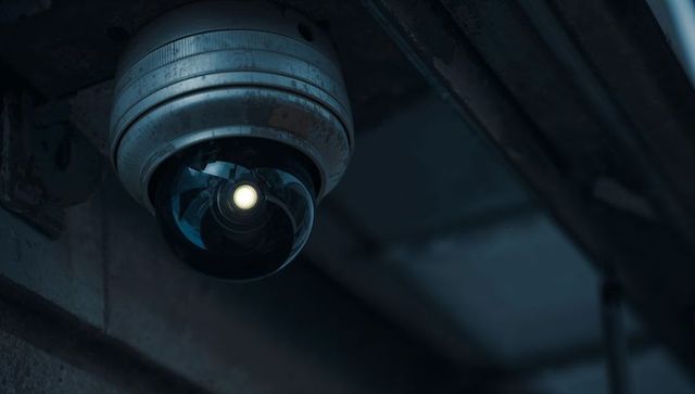 Industrial dome security camera monitoring dim parking garage with rusted mounting ring
