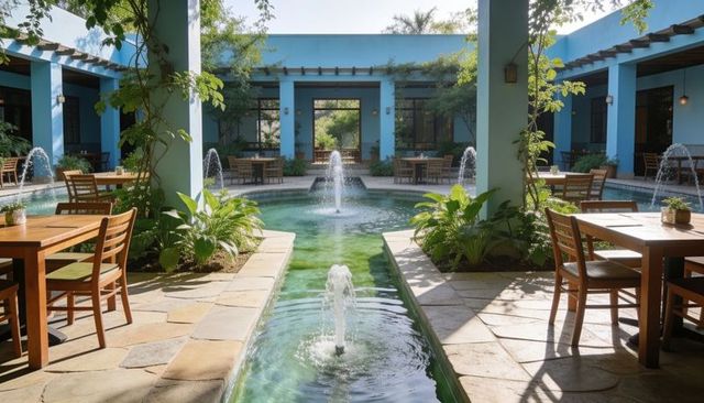 Blue courtyard dining with central fountain, wooden tables and lush green channel
