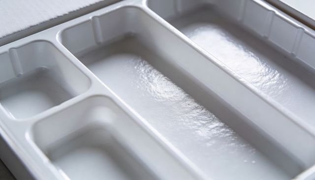 Glossy white molded plastic packaging tray featuring multiple rectangular compartments and wells