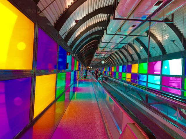 The image showcases a brightly lit tunnel walkway with colorful, illuminated panels creating a dynamic, futuristic atmosphere. Individuals are seen walking along the pathway, adding a sense of motion and scale. This vibrant modern architecture can be used for depicting themes of innovation, urban life, and futuristic design in marketing, advertisements, or editorial content.