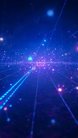 Vertical Tech Tunnel: Camera Moving Along Dotted Light Path Into Digital Core