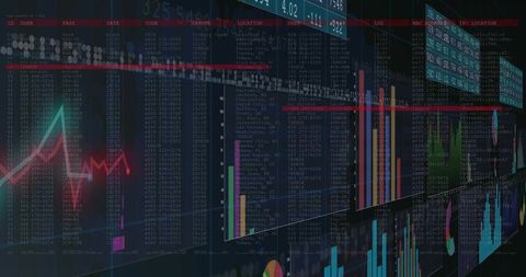 Holographic financial dashboard displaying neon line and bar charts with code overlays