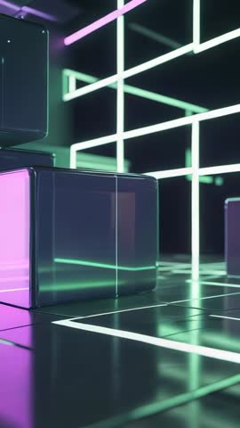 Vertical Neon Grid Panning with Moving Glass Cubes, Futuristic Holographic Tech Loop