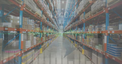 Digital Financial Data Superimposed on Warehouse Interior