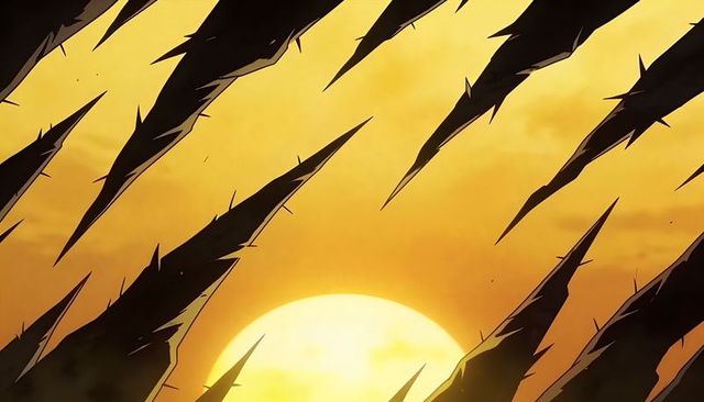 Sunset breaking through jagged black silhouettes creating dramatic golden horizon glow