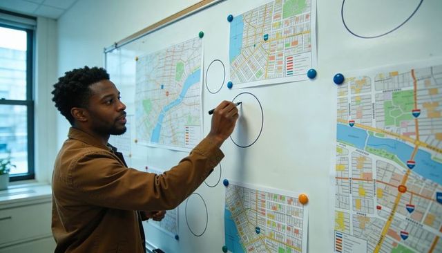 Urban planning strategist circling key zones on whiteboard with city maps and magnets