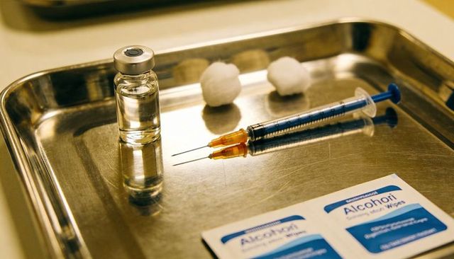 Sterile syringes and vaccine vial on stainless tray with cotton balls and alcohol wipes