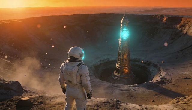 Suit-clad astronaut discovering glowing obelisk in deep crater at sunset on alien planet