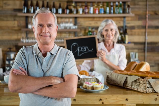 Senior man standing with arms crossed while woman holding open signboard in cafÃ©