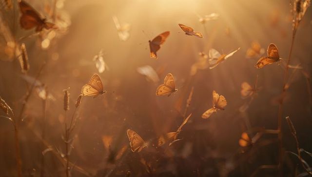Golden meadow butterflies fluttering in backlit sunset glow over wild grasses
