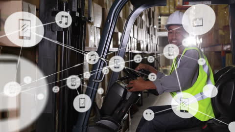 Worker Operating Forklift in High-tech Warehouse Environment