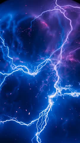 Vertical plasma orb pulsing with blue electric arcs, violet nebula gas and pink particles