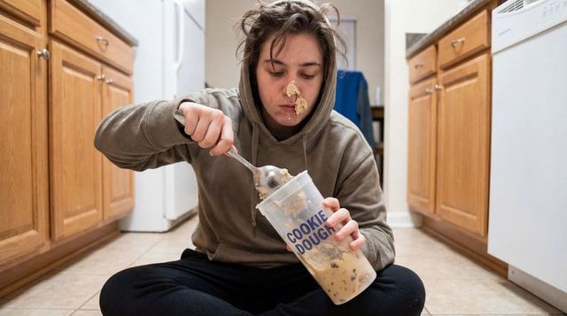 Young woman scooping cookie dough on kitchen floor, messy candid late-night comfort eating