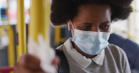 Businesswoman wearing face mask commuting on bus during pandemic