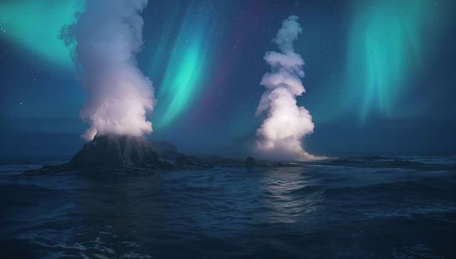 Aurora lighting steaming sea stacks: rising vapor plumes over polar night seascape