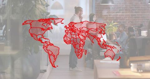 Connecting teams across world map overlay in modern open-plan office collaboration