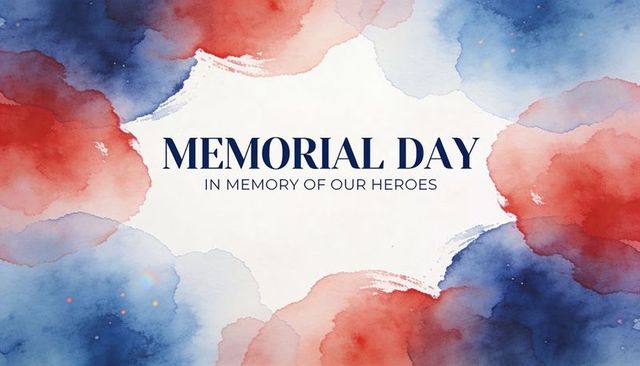 Memorial day tribute watercolor background with red blue torn-paper center and typography