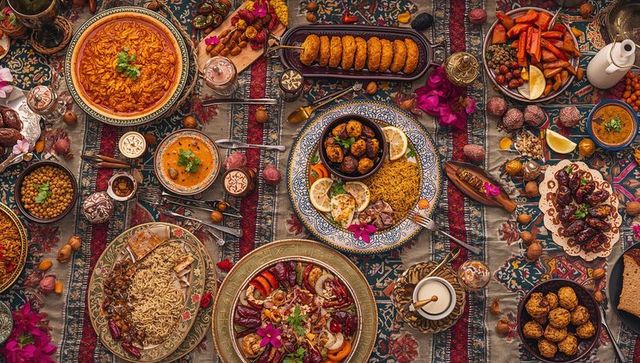 Colorful middle eastern feast spreading over ornate textiles with rice, meatballs, mezze