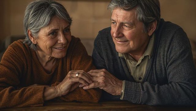 Senior couple holding hands at wooden table showing warmth, companionship, affection