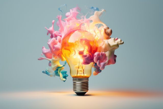 Light bulb surrounded by colorful ink clouds, symbolizing creativity and innovation. Perfect for use in advertisements, artistic projects, technology-related campaigns, and educational materials highlighting the concept of ideas and inspiration.