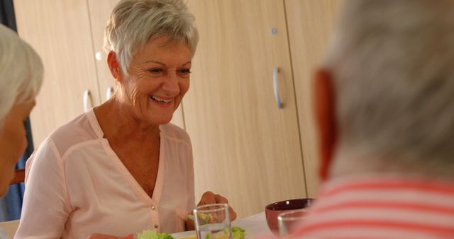 Happy Senior Woman Having Lunch with Friends - Download Free Stock Images Pikwizard.com