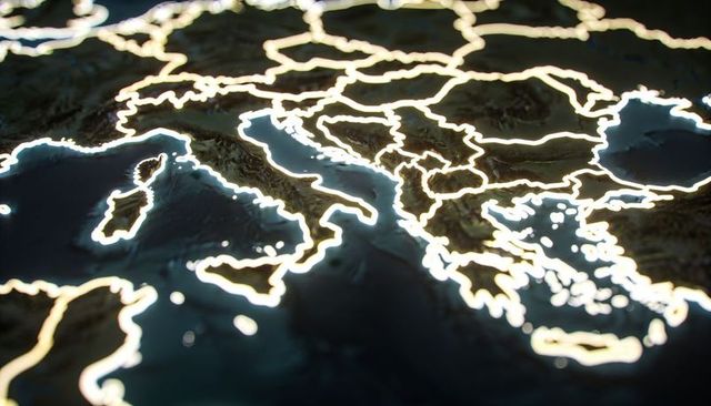 Illuminating 3d mediterranean map with glowing coastlines, islands and relief