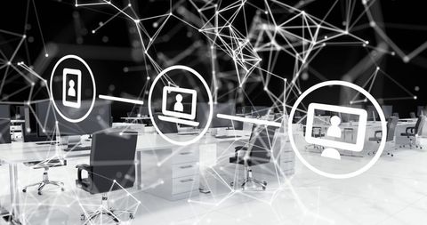 Digital Connection Icons Floated Over Modern Office Setup - Download Free Stock Images Pikwizard.com