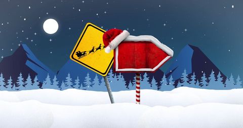 Christmas road signs in a snowy winter wonderland