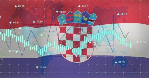 Croatia flag and coat of arms with global market data visualization