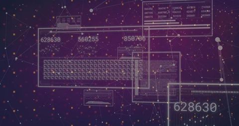 Displaying translucent neon data dashboard with keyboard grid and analytics nodes