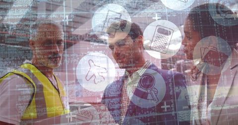 Industrial Team Reviewing Tablet with AR Analytics Overlay for Warehouse Operations