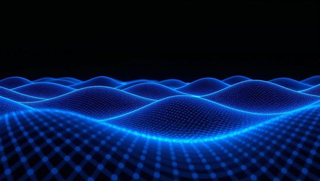 Rippling Blue Wireframe Mesh Surfacing Virtual Horizon for Tech, AI and Data Visualization
