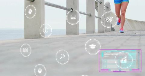 Runner engaging with floating fitness technology icons by waterfront