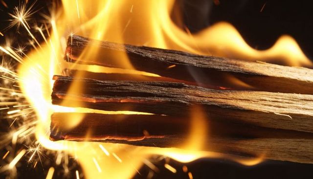 Burning bundle of thin wood sticks emitting flames and sparks in dramatic close-up