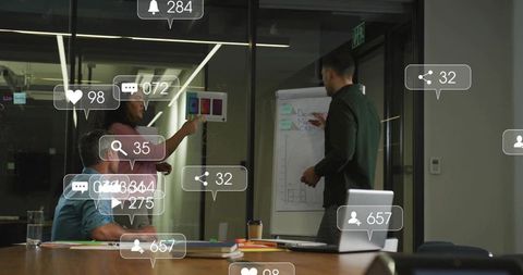 Collaborative team presenting design swatches with social media notification overlays
