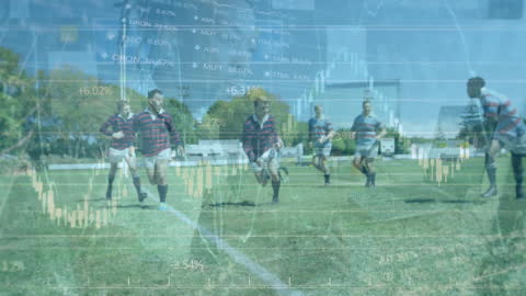 Rugby Players on Field with Overlay of Stock Market Data