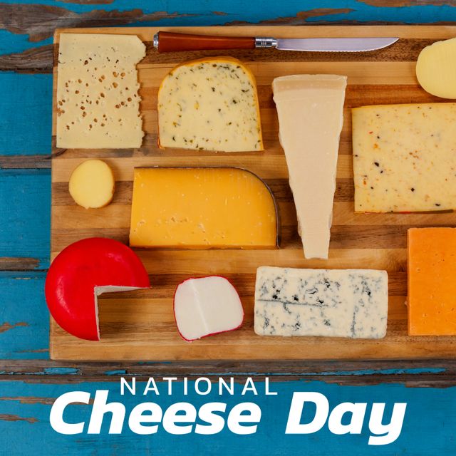 Assortment of cheeses arranged on wooden cutting board with text for National Cheese Day celebration. Useful for marketing culinary events, promoting cheese products, or content about food holidays.