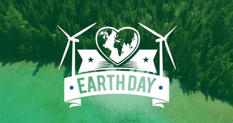 Earth Day Logo on Serene Forest and Lake Landscape