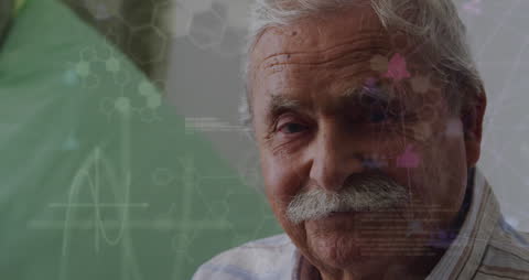 Senior Man Analyzing Data with Digital Interface Overlay