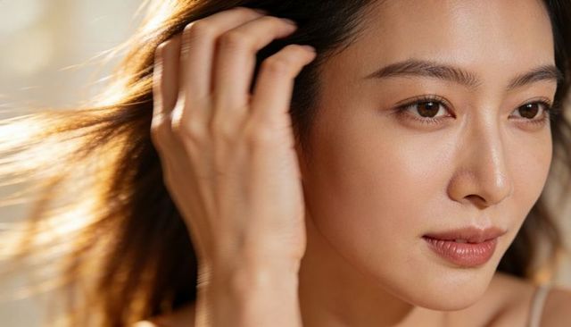 Asian woman tucking hair behind ear, gentle gaze closeup beauty portrait