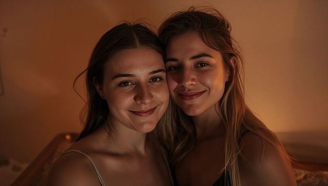 Two women leaning heads together in warm bedroom glow, intimate cozy closeup portrait
