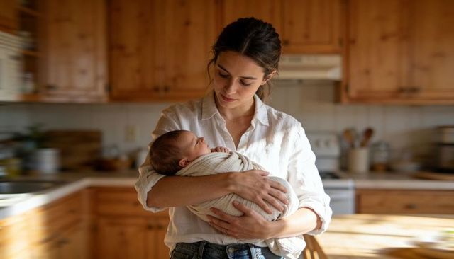Cradling newborn in sunlit rustic kitchen, tender mother holding swaddled baby