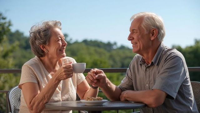 Senior couple enjoying coffee and pastry on sunlit balcony, holding hands and smiling