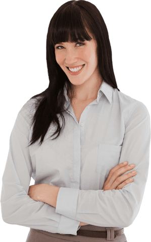 Transparent Smiling Businesswoman in Formal Attire with Folded Arms